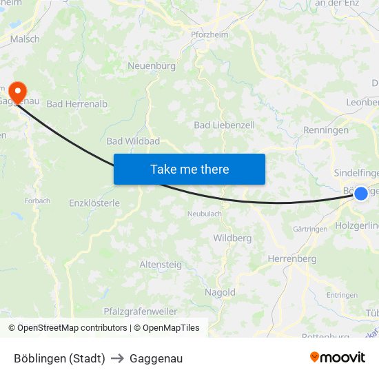 Böblingen (Stadt) to Gaggenau map