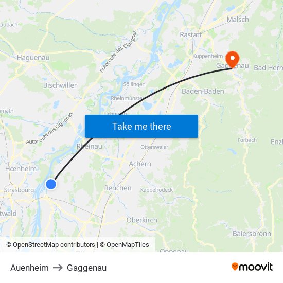 Auenheim to Gaggenau map