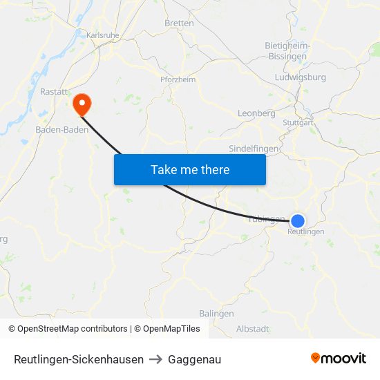 Reutlingen-Sickenhausen to Gaggenau map