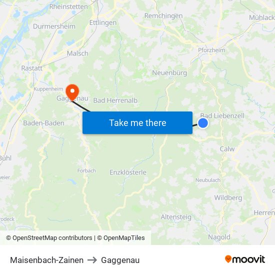 Maisenbach-Zainen to Gaggenau map