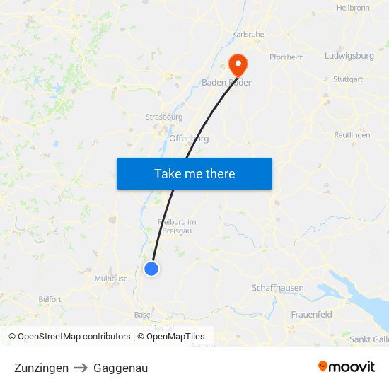 Zunzingen to Gaggenau map
