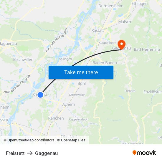 Freistett to Gaggenau map