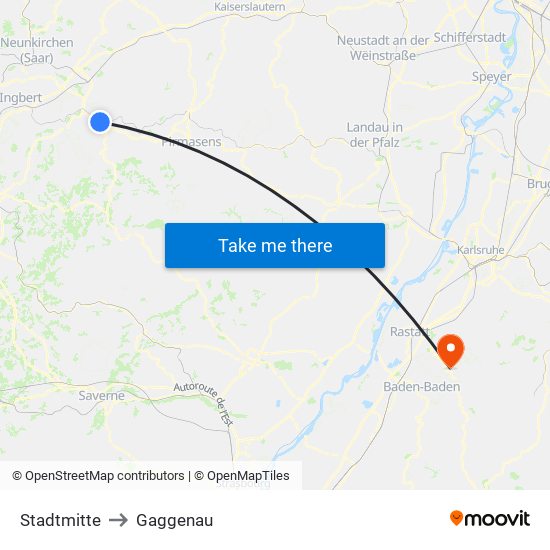 Stadtmitte to Gaggenau map