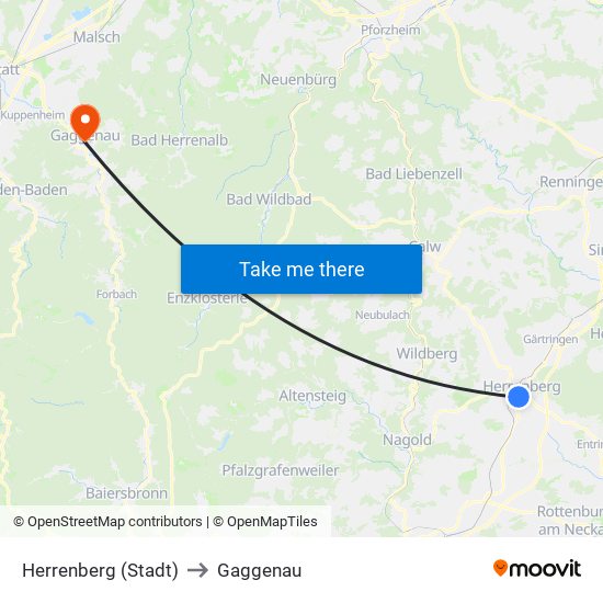 Herrenberg (Stadt) to Gaggenau map