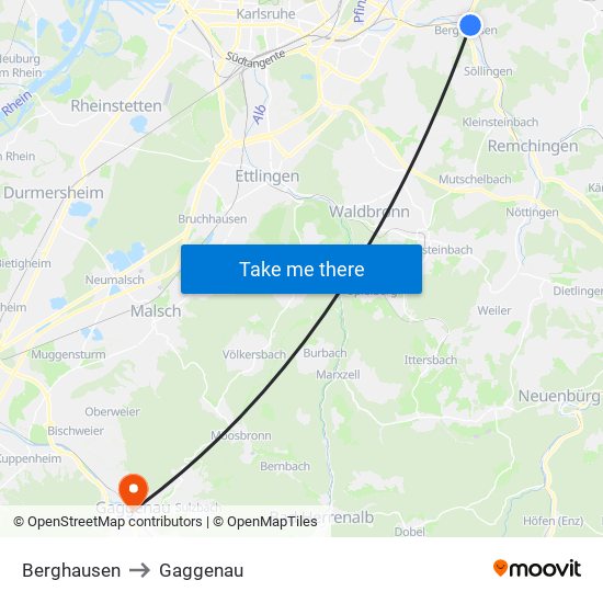 Berghausen to Gaggenau map