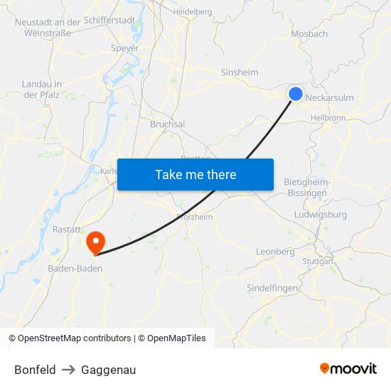 Bonfeld to Gaggenau map