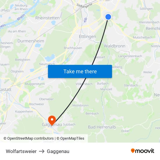 Wolfartsweier to Gaggenau map
