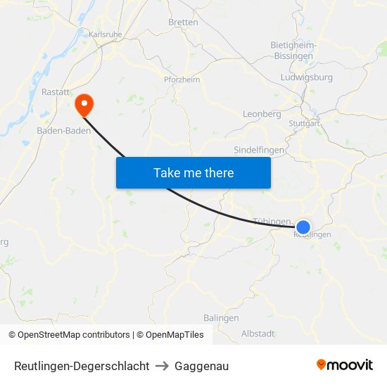 Reutlingen-Degerschlacht to Gaggenau map