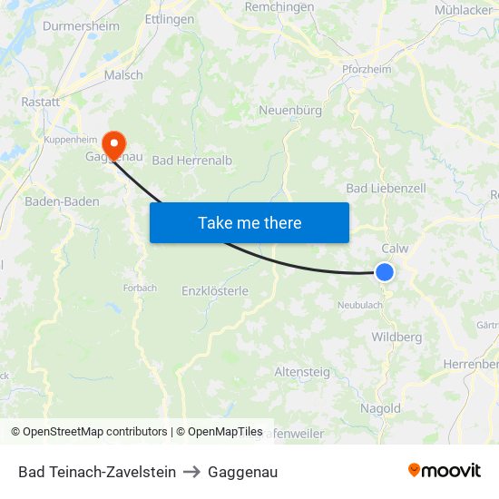 Bad Teinach-Zavelstein to Gaggenau map