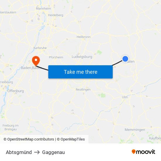 Abtsgmünd to Gaggenau map