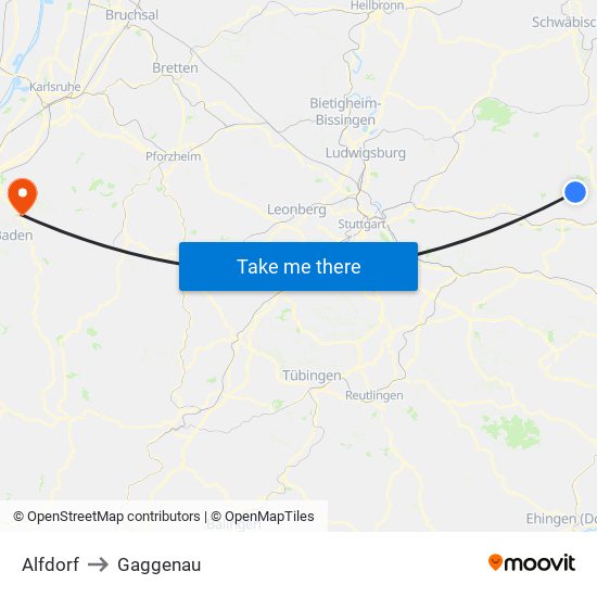 Alfdorf to Gaggenau map