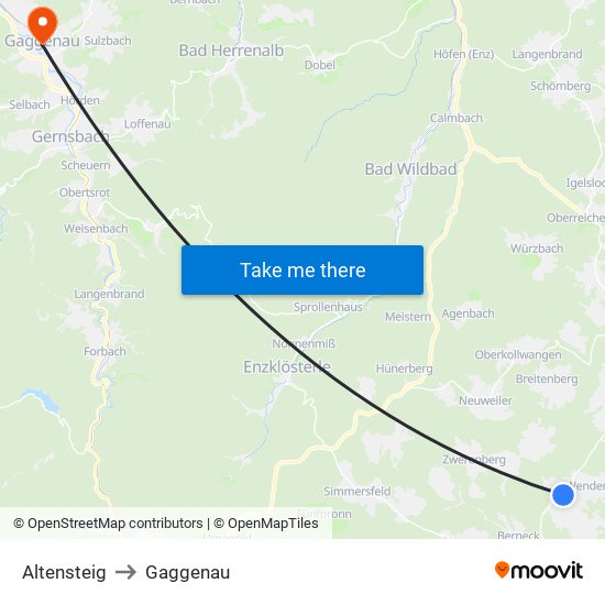 Altensteig to Gaggenau map