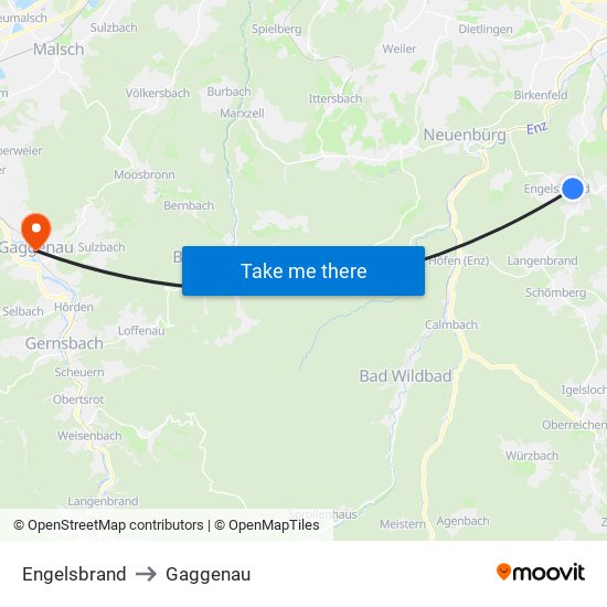 Engelsbrand to Gaggenau map
