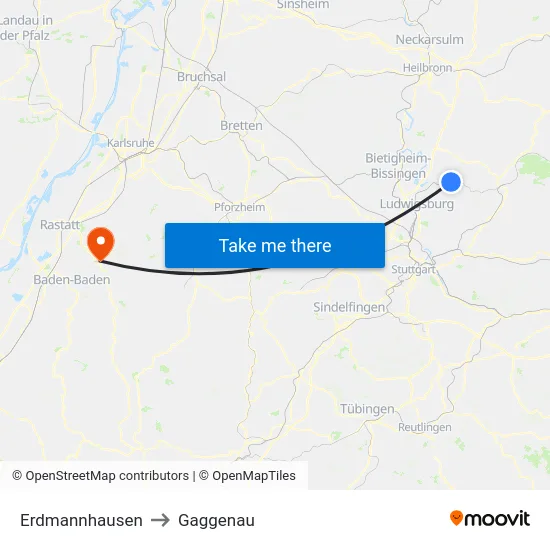 Erdmannhausen to Gaggenau map