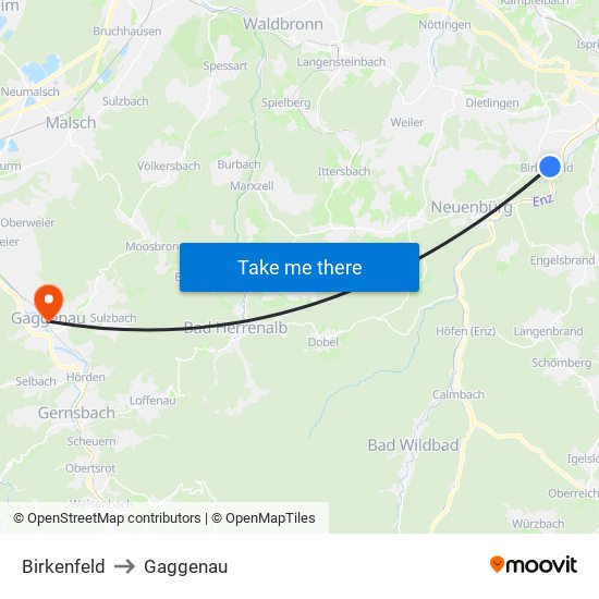 Birkenfeld to Gaggenau map