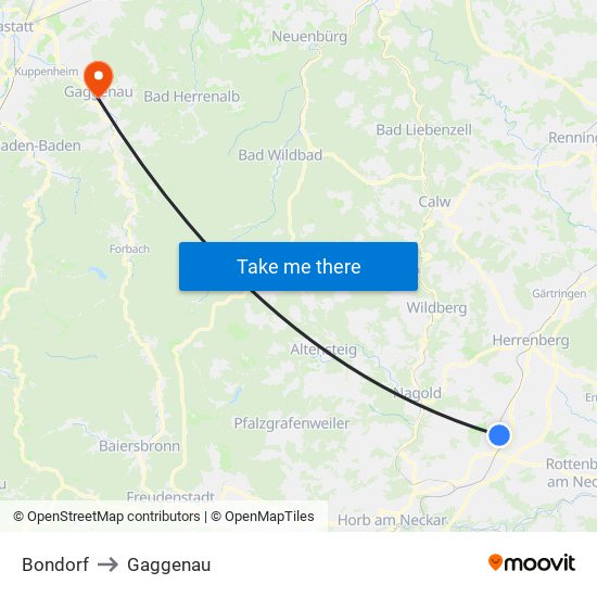 Bondorf to Gaggenau map