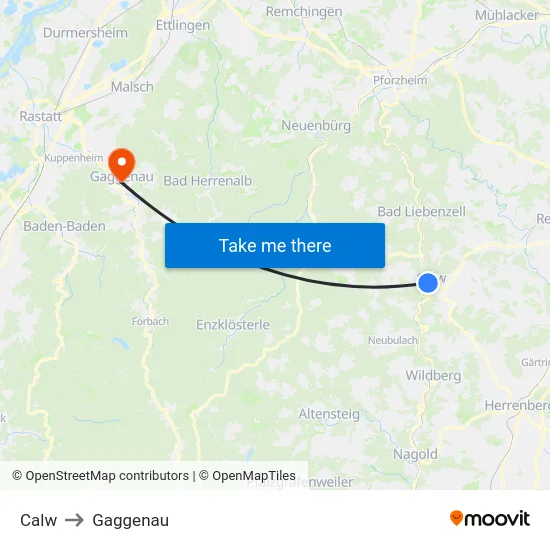 Calw to Gaggenau map