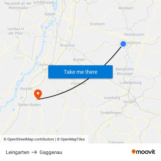 Leingarten to Gaggenau map