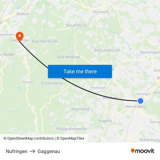 Nufringen to Gaggenau map