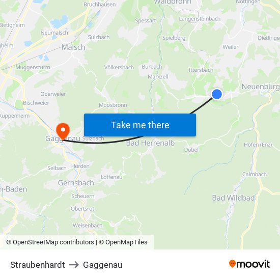 Straubenhardt to Gaggenau map