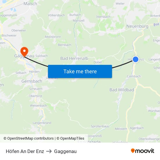 Höfen An Der Enz to Gaggenau map