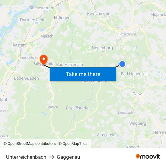 Unterreichenbach to Gaggenau map