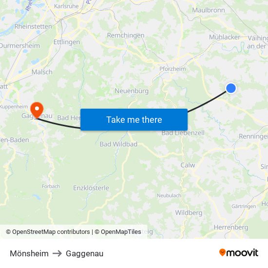 Mönsheim to Gaggenau map