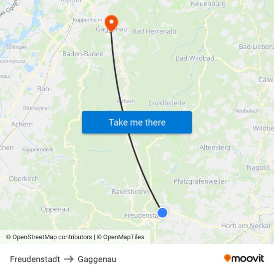 Freudenstadt to Gaggenau map