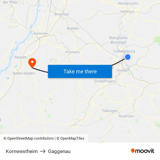 Kornwestheim to Gaggenau map