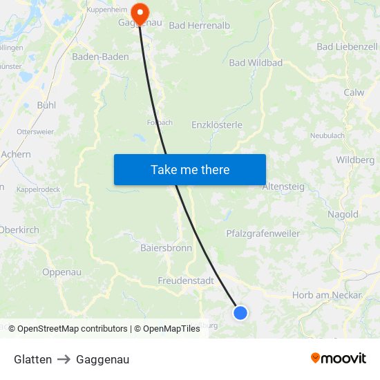 Glatten to Gaggenau map