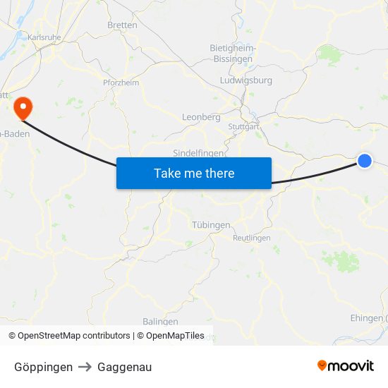 Göppingen to Gaggenau map