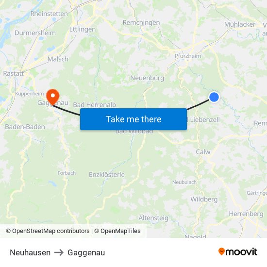 Neuhausen to Gaggenau map
