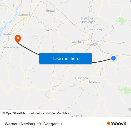 Wernau (Neckar) to Gaggenau map