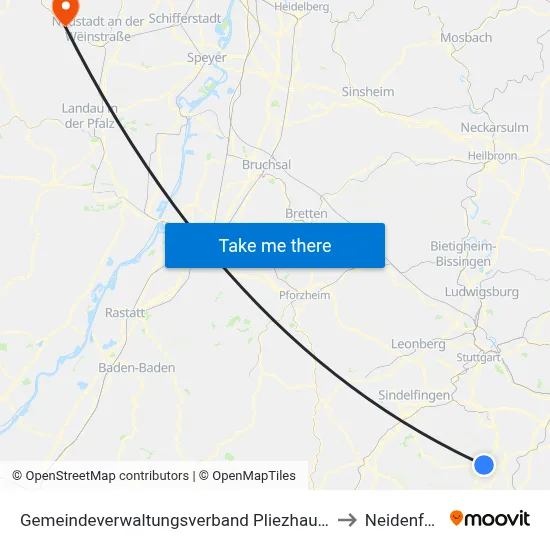 Gemeindeverwaltungsverband Pliezhausen to Neidenfels map