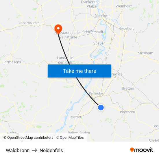 Waldbronn to Neidenfels map