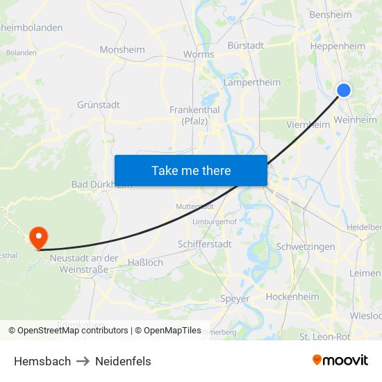 Hemsbach to Neidenfels map