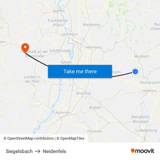 Siegelsbach to Neidenfels map