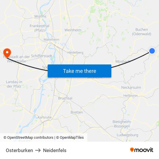 Osterburken to Neidenfels map