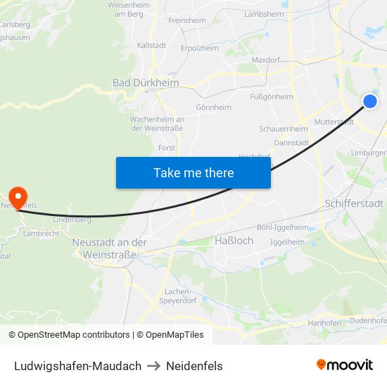 Ludwigshafen-Maudach to Neidenfels map