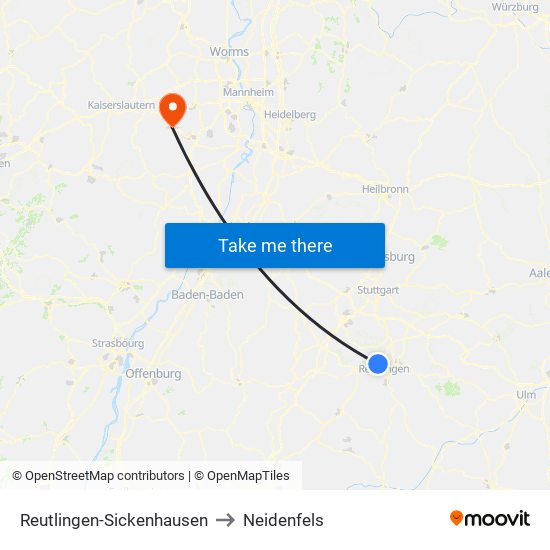 Reutlingen-Sickenhausen to Neidenfels map