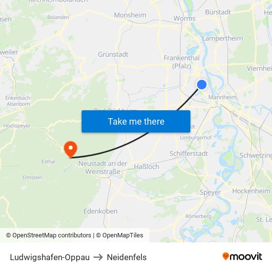 Ludwigshafen-Oppau to Neidenfels map