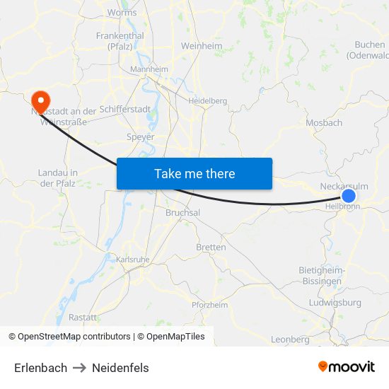 Erlenbach to Neidenfels map