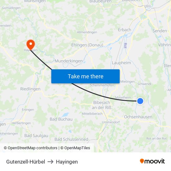 Gutenzell-Hürbel to Hayingen map