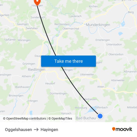 Oggelshausen to Hayingen map