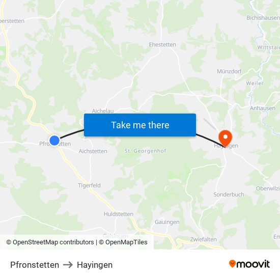 Pfronstetten to Hayingen map