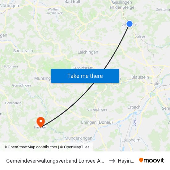 Gemeindeverwaltungsverband Lonsee-Amstetten to Hayingen map