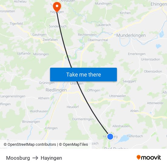 Moosburg to Hayingen map