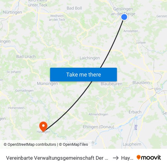 Vereinbarte Verwaltungsgemeinschaft Der Stadt Geislingen An Der Steige to Hayingen map