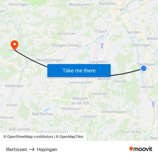 Illertissen to Hayingen map