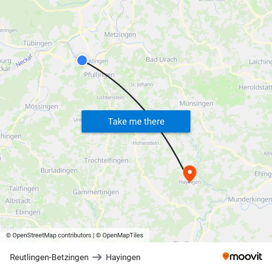 Reutlingen-Betzingen to Hayingen map